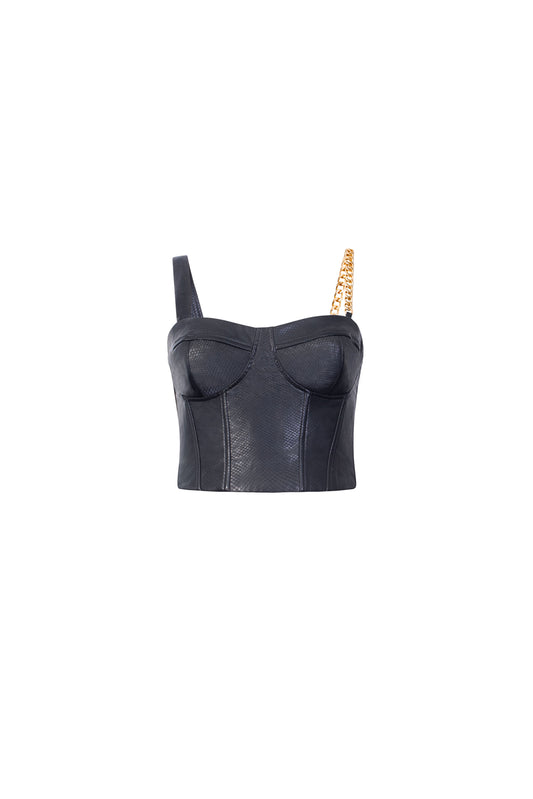 Asymmetrical Leather Bustier with Chain Strap - Black