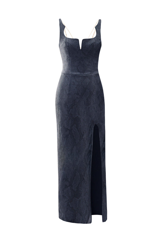 Open-Back chained Leather Gown - Navy