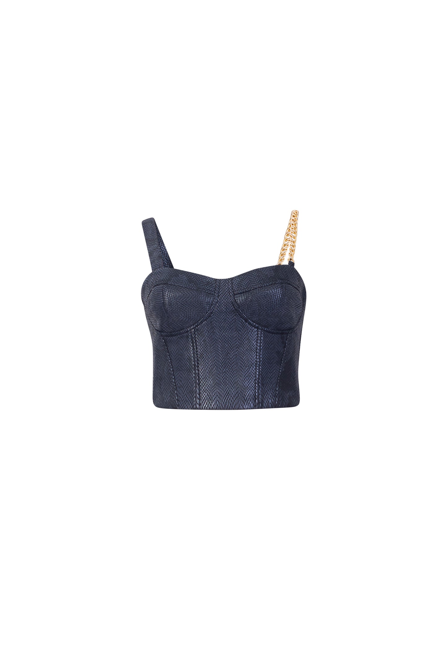 Asymmetrical Leather Bustier with Chain Strap - Navy