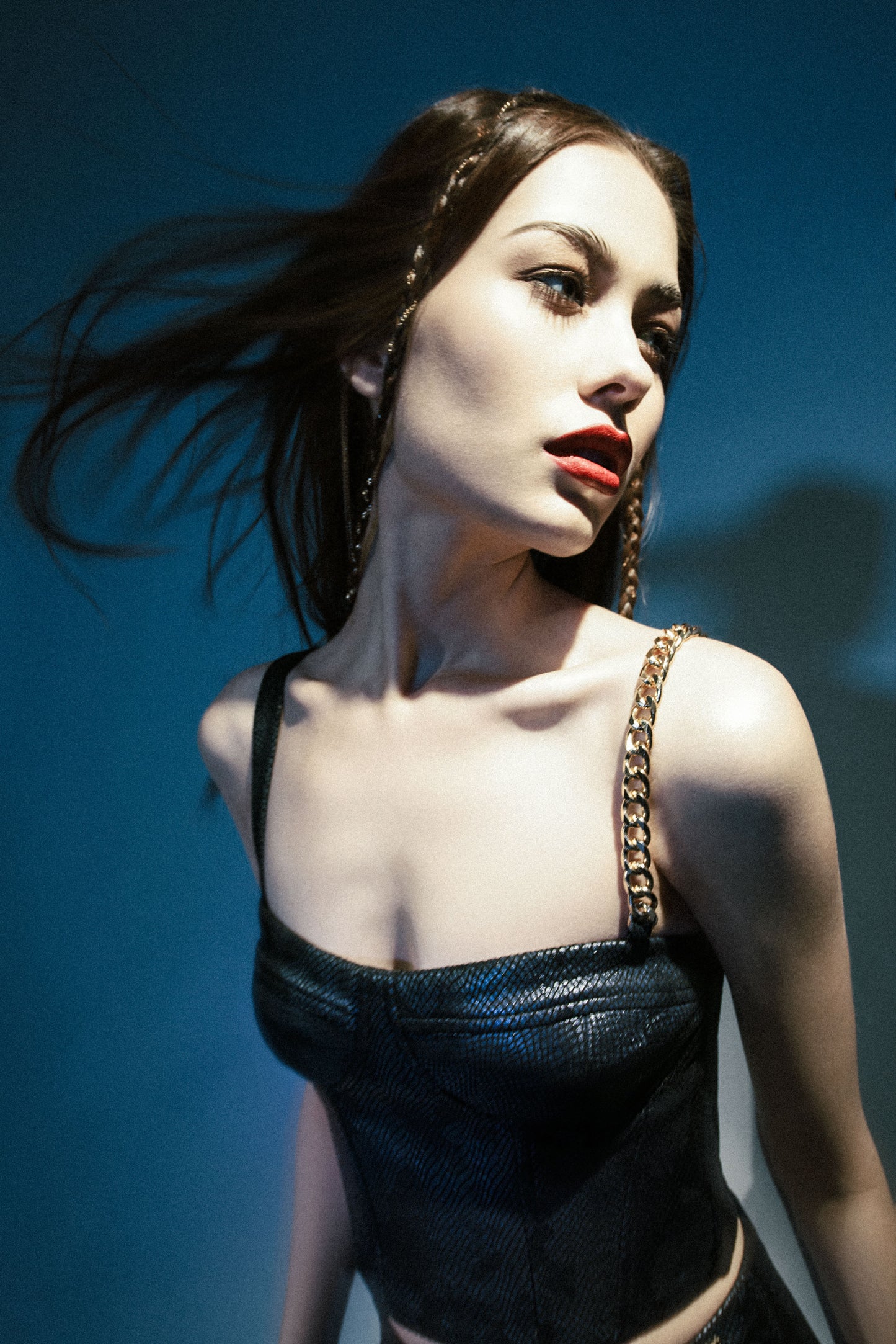 Asymmetrical Leather Bustier with Chain Strap - Navy