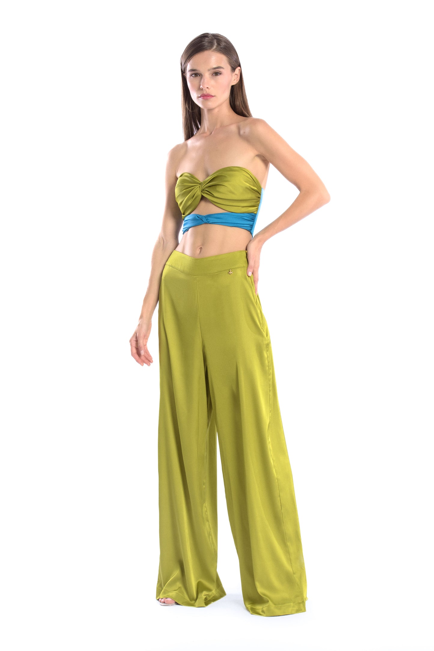 Two color twisted silk crop top - Olive / Blue